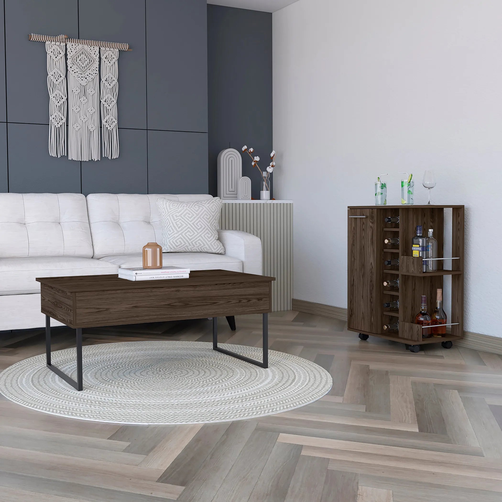 Stockton 2 Piece Living Room Set,  Bar Cart + Coffee Table