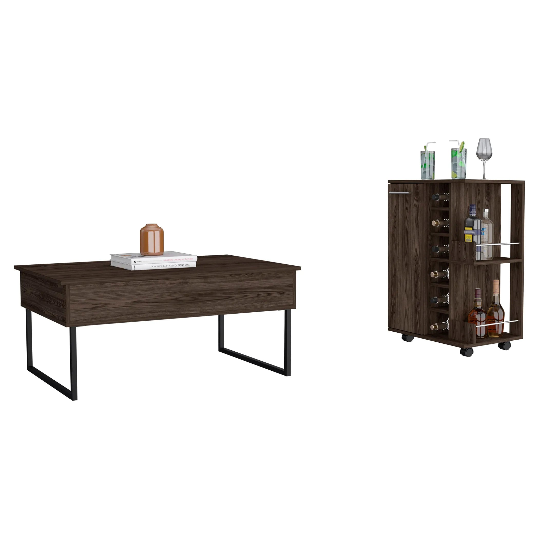 Stockton 2 Piece Living Room Set,  Bar Cart + Coffee Table