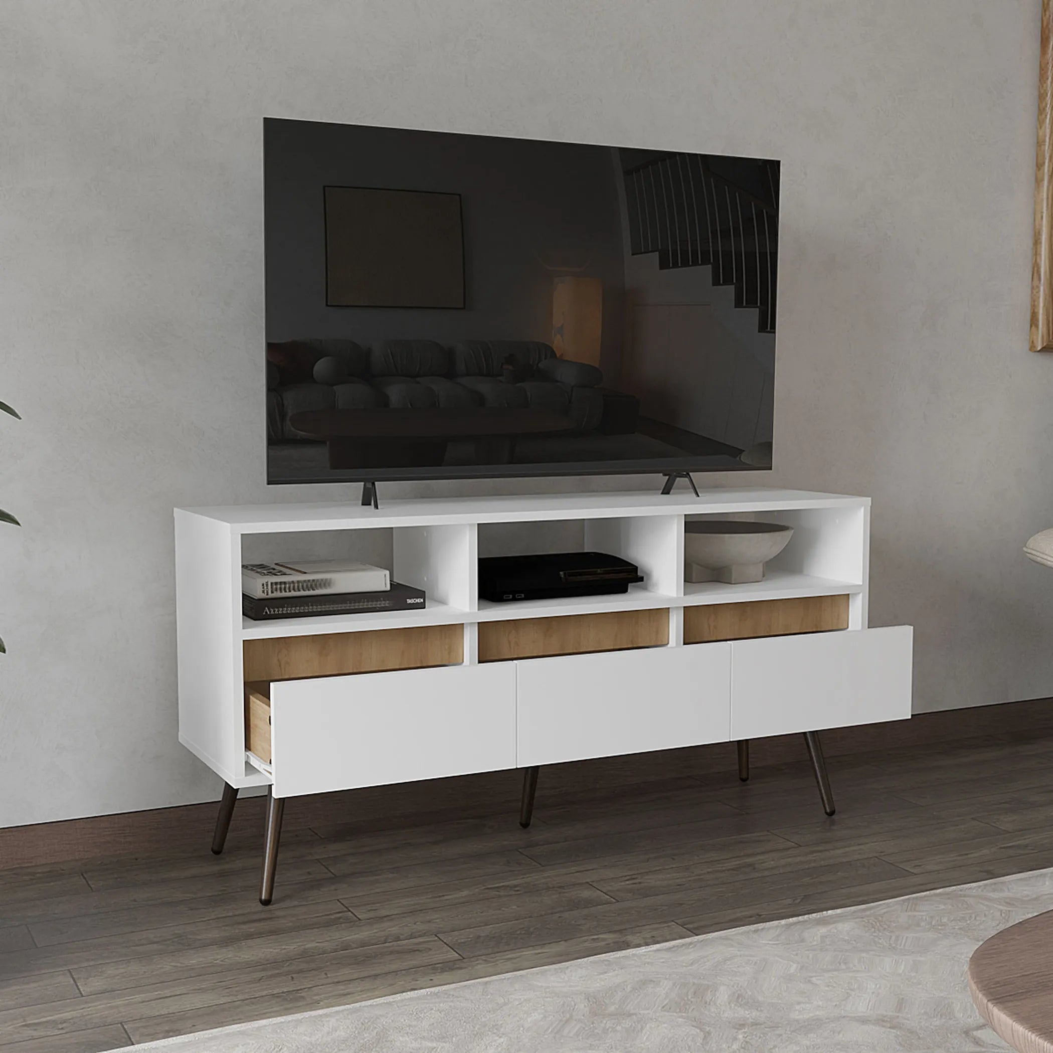 Aranjuez 47" Wide Tv Stand with Three Drawers, Three Open Shelves