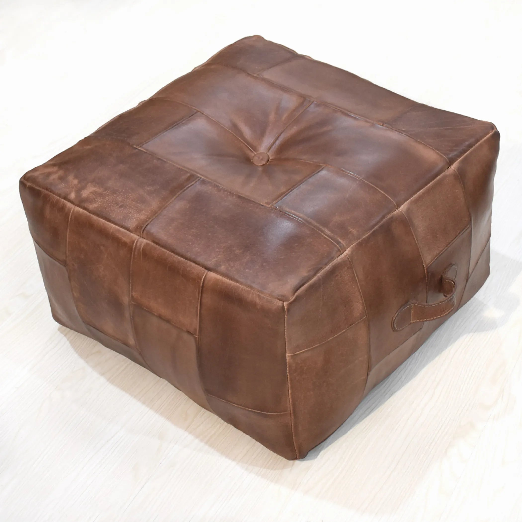 Solid Handmade Buffalo Leather Square Pouf (Recycled Foam with Fibre Fill)
