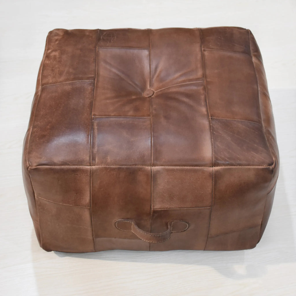 Solid Handmade Buffalo Leather Square Pouf (Recycled Foam with Fibre Fill)