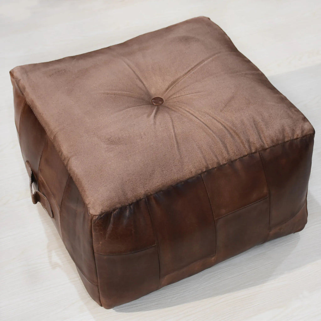 Solid Handmade Buffalo Leather Square Pouf (Recycled Foam with Fibre Fill)