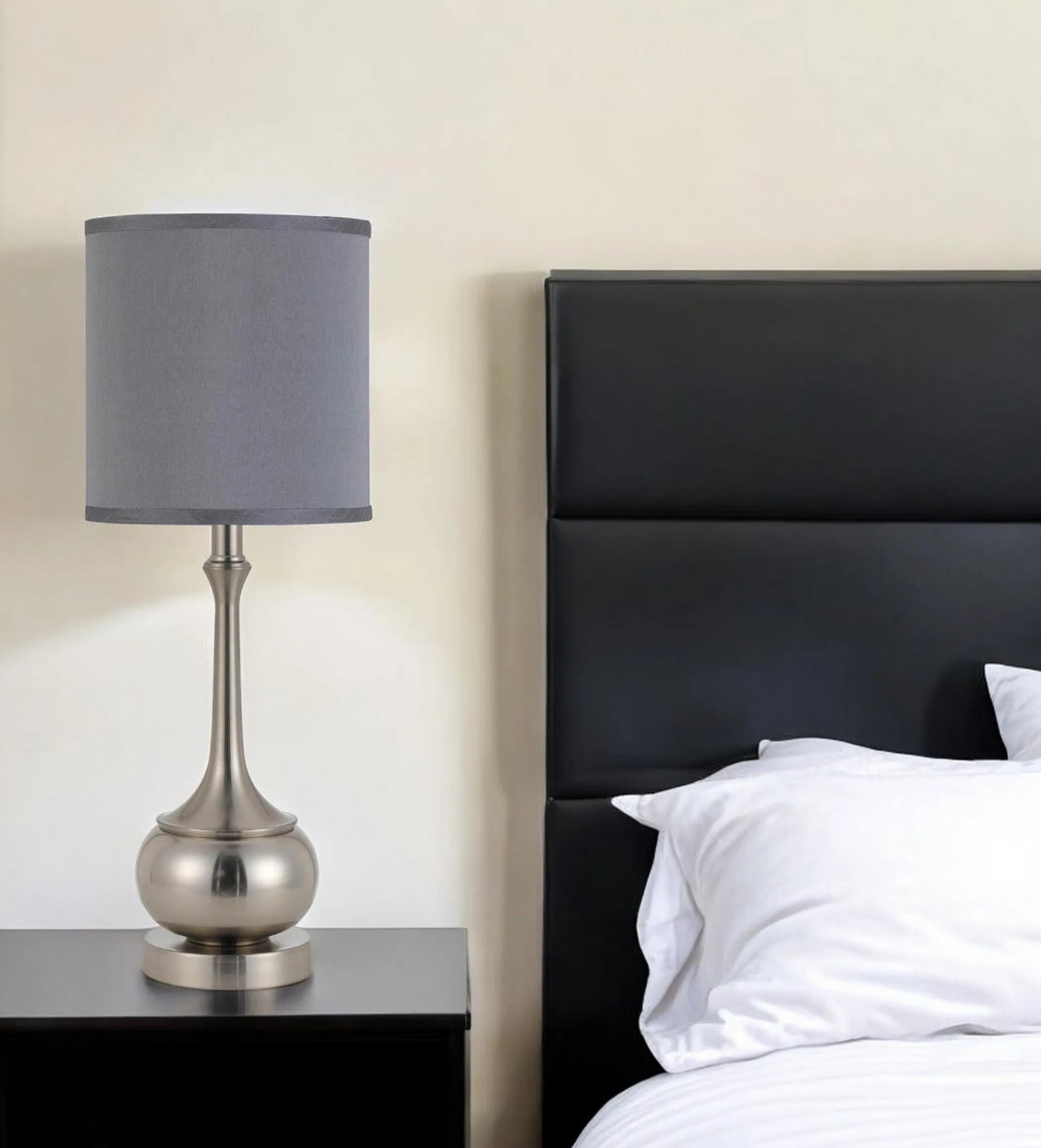 25" Nickel Metal Round Table Lamp With Gray Cone Shade