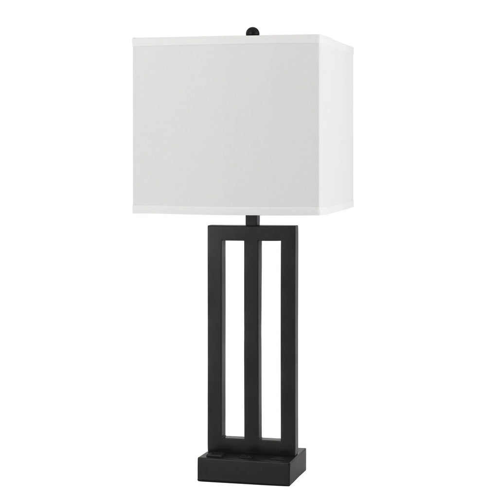 30" Black Metal USB Table Lamp With White Shade