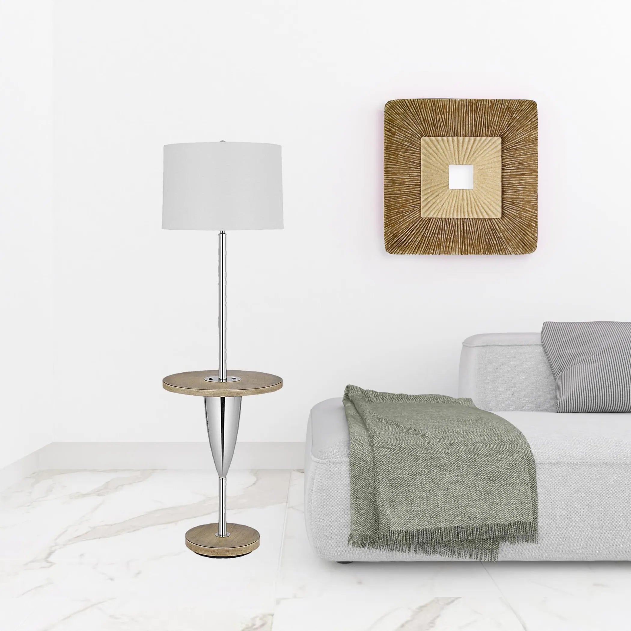 61" Chrome Tray Table Floor Lamp With White Square Shade