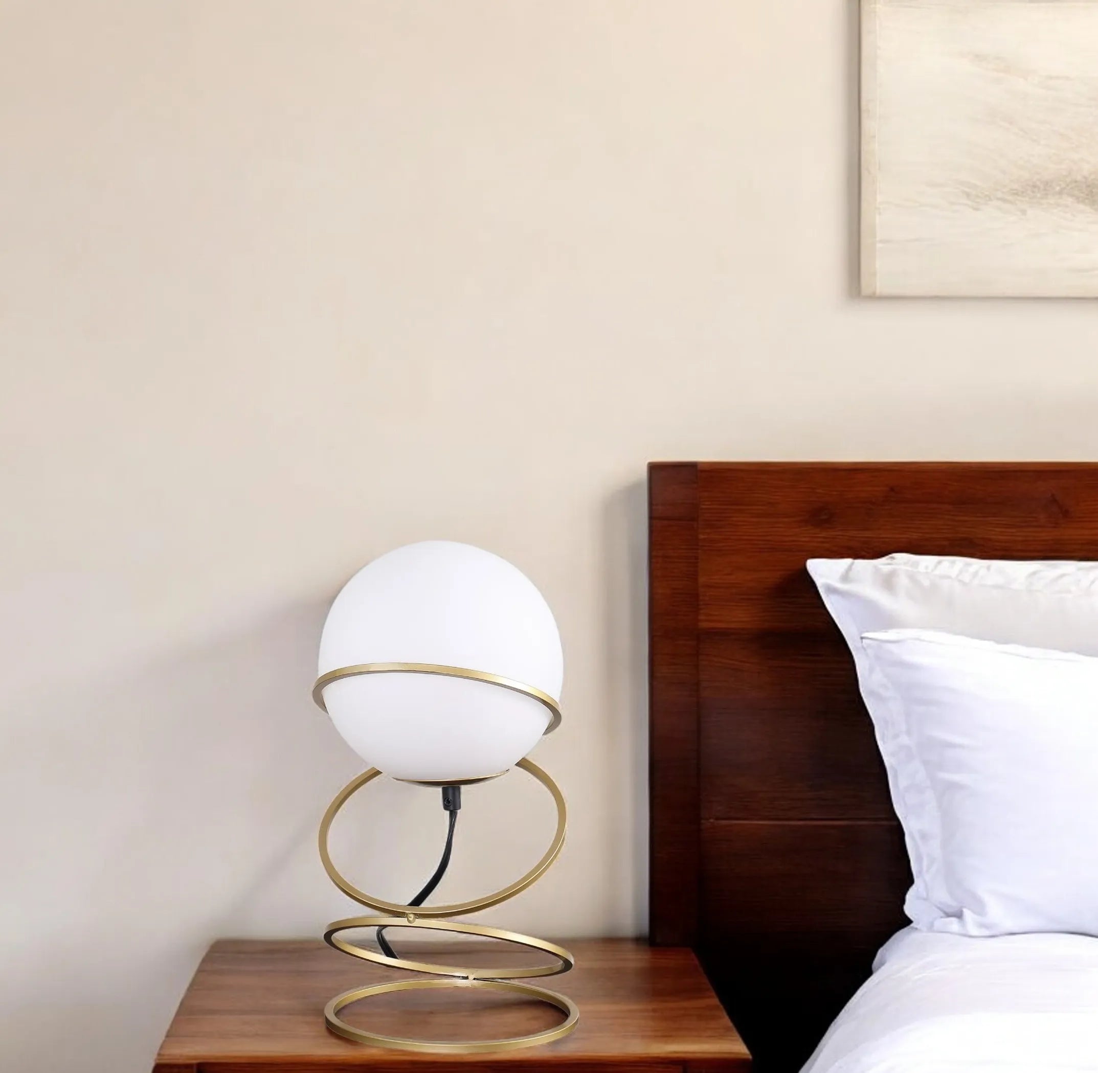 14" Gold Metal Geo Spiral Bedside Lamp With White Globe Shade
