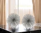 Set of Two Silver Iron Decorative Spiky Sphere Tabletop Sculptures