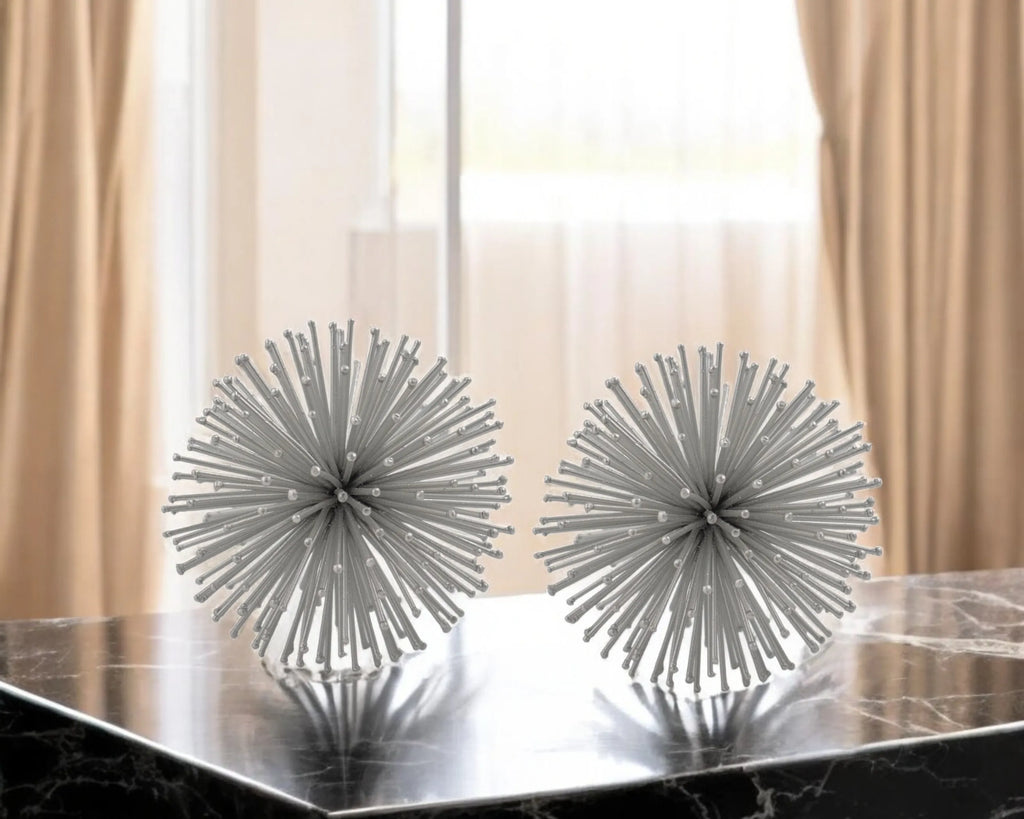 Set of Two Silver Iron Decorative Spiky Sphere Tabletop Sculptures