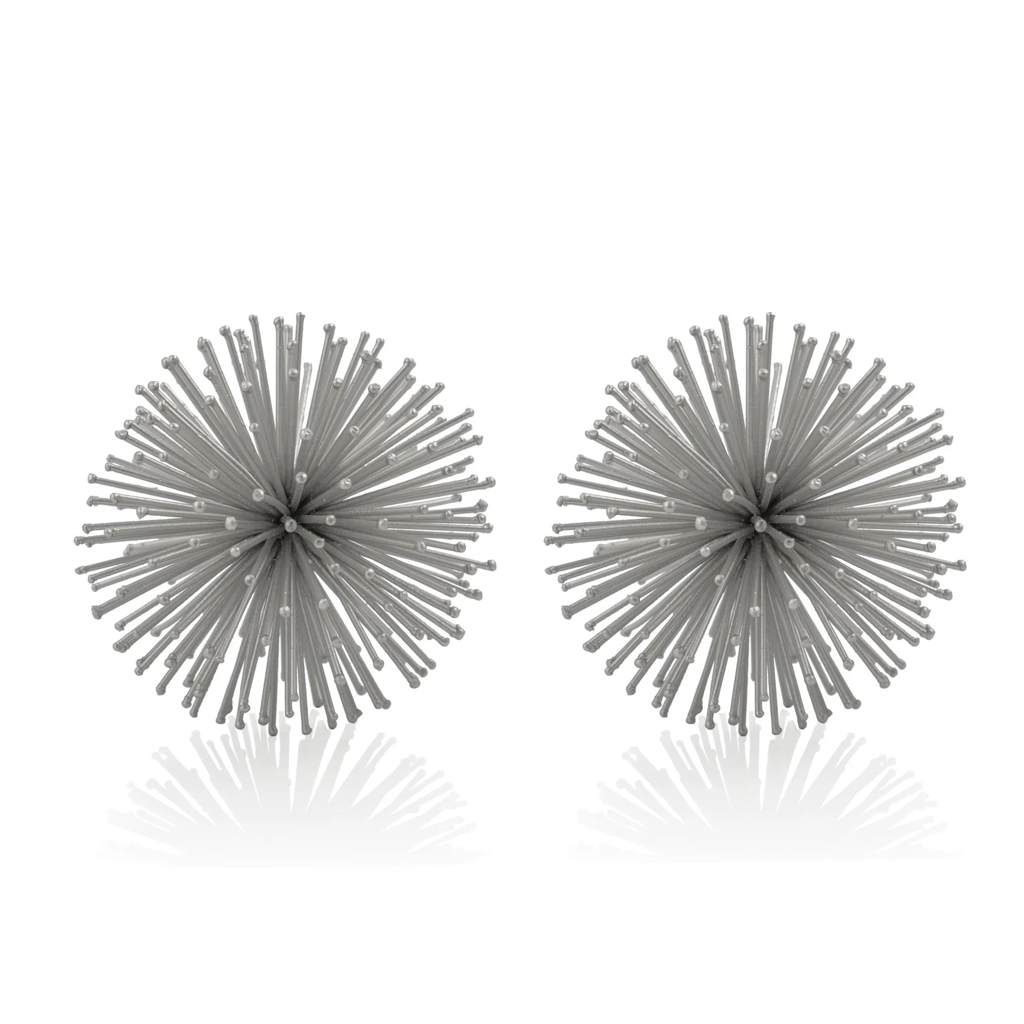 Set of Two Silver Iron Decorative Spiky Sphere Tabletop Sculptures