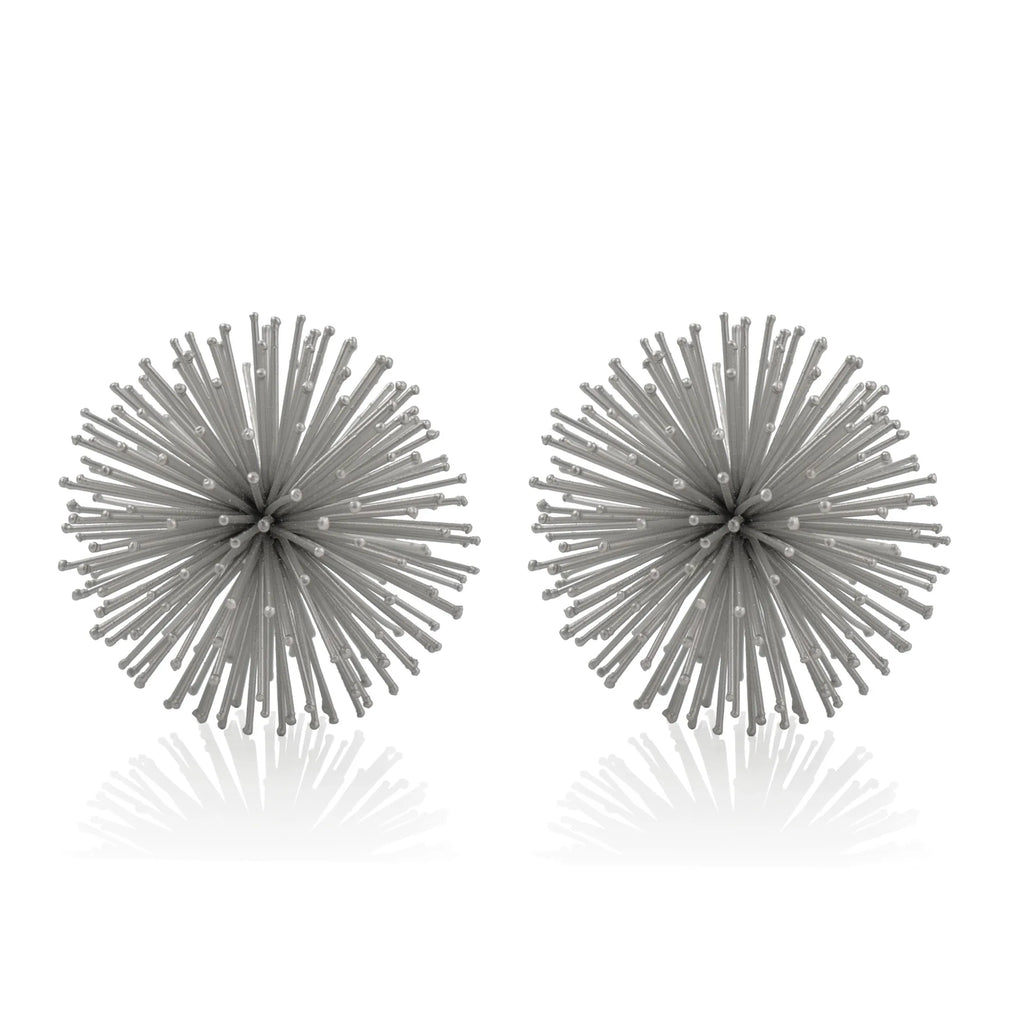 Set of Two Silver Iron Decorative Spiky Sphere Tabletop Sculptures
