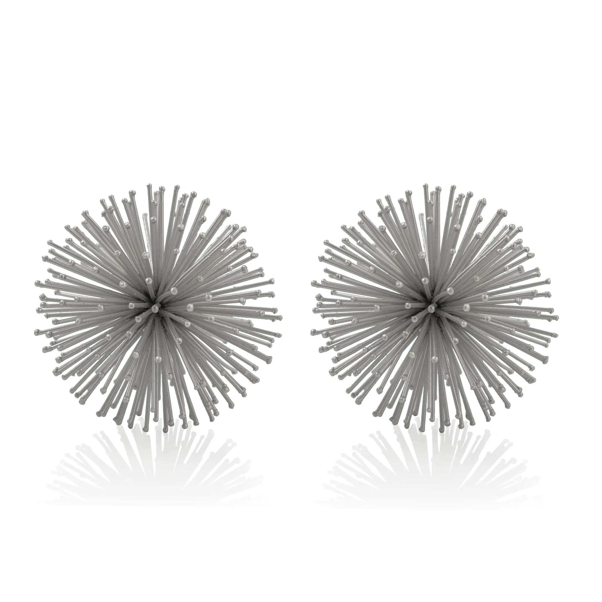 Set of Two Silver Iron Decorative Spiky Sphere Tabletop Sculptures