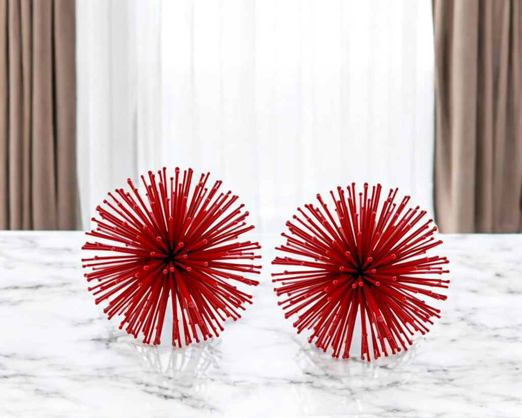 Set of Two Red Iron Decorative Spiky Sphere Tabletop Sculptures