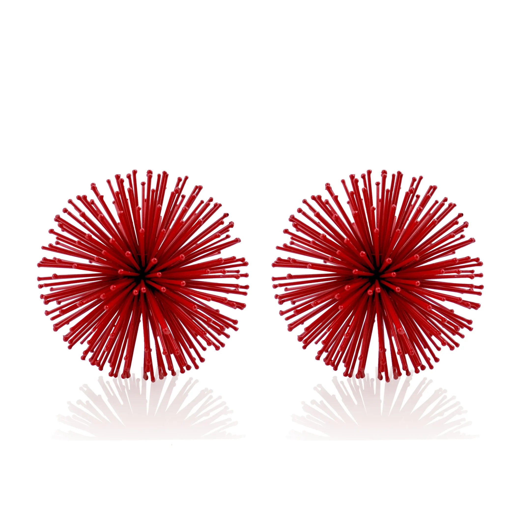 Set of Two Red Iron Decorative Spiky Sphere Tabletop Sculptures