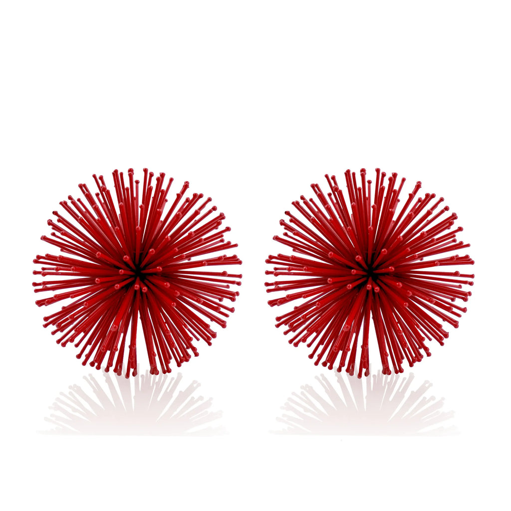Set of Two Red Iron Decorative Spiky Sphere Tabletop Sculptures
