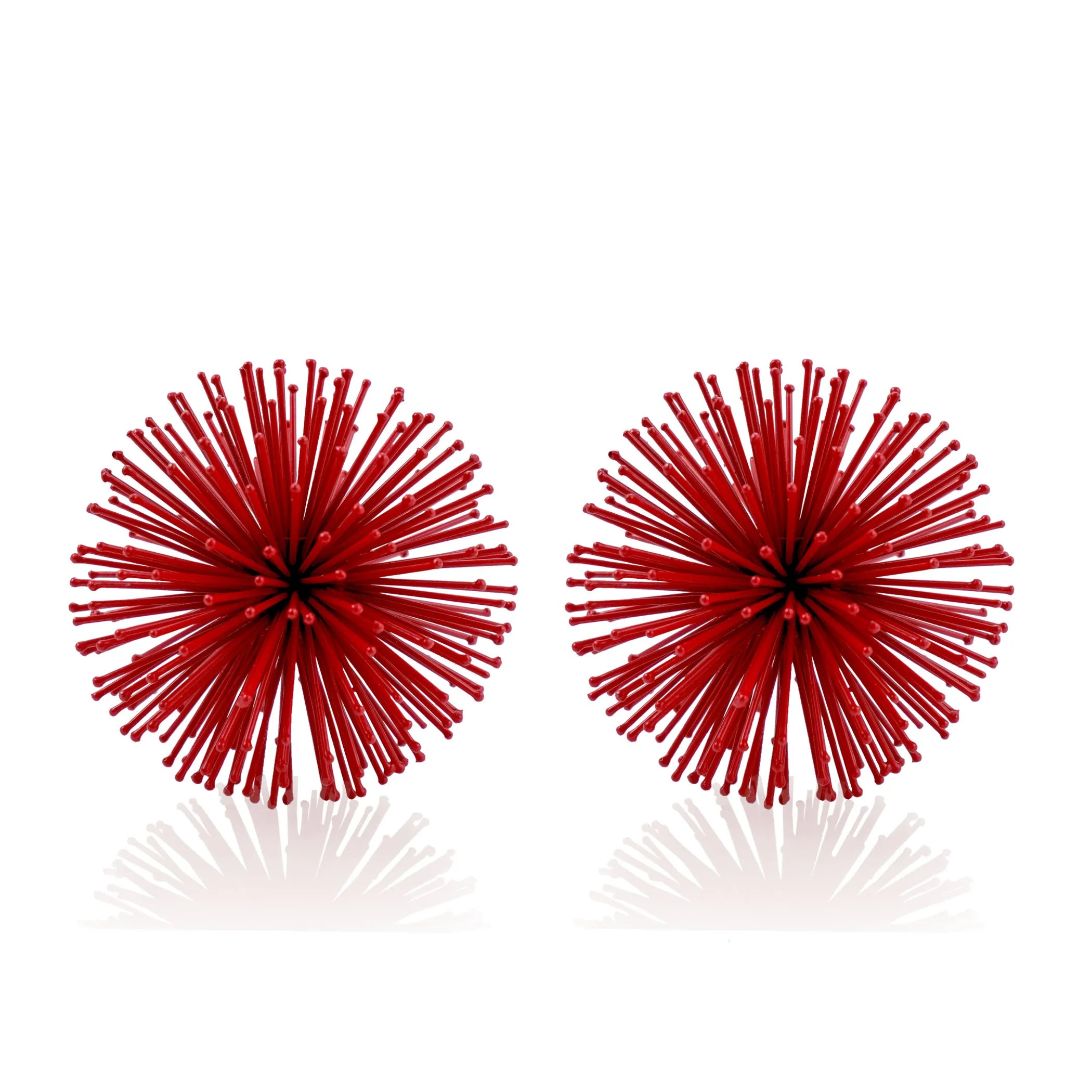 Set of Two Red Iron Decorative Spiky Sphere Tabletop Sculptures