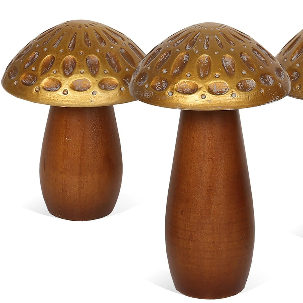 Set of Three Brown And Gold Wood Mushroom Tabletop Sculptures