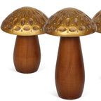 Set of Three Brown And Gold Wood Mushroom Tabletop Sculptures