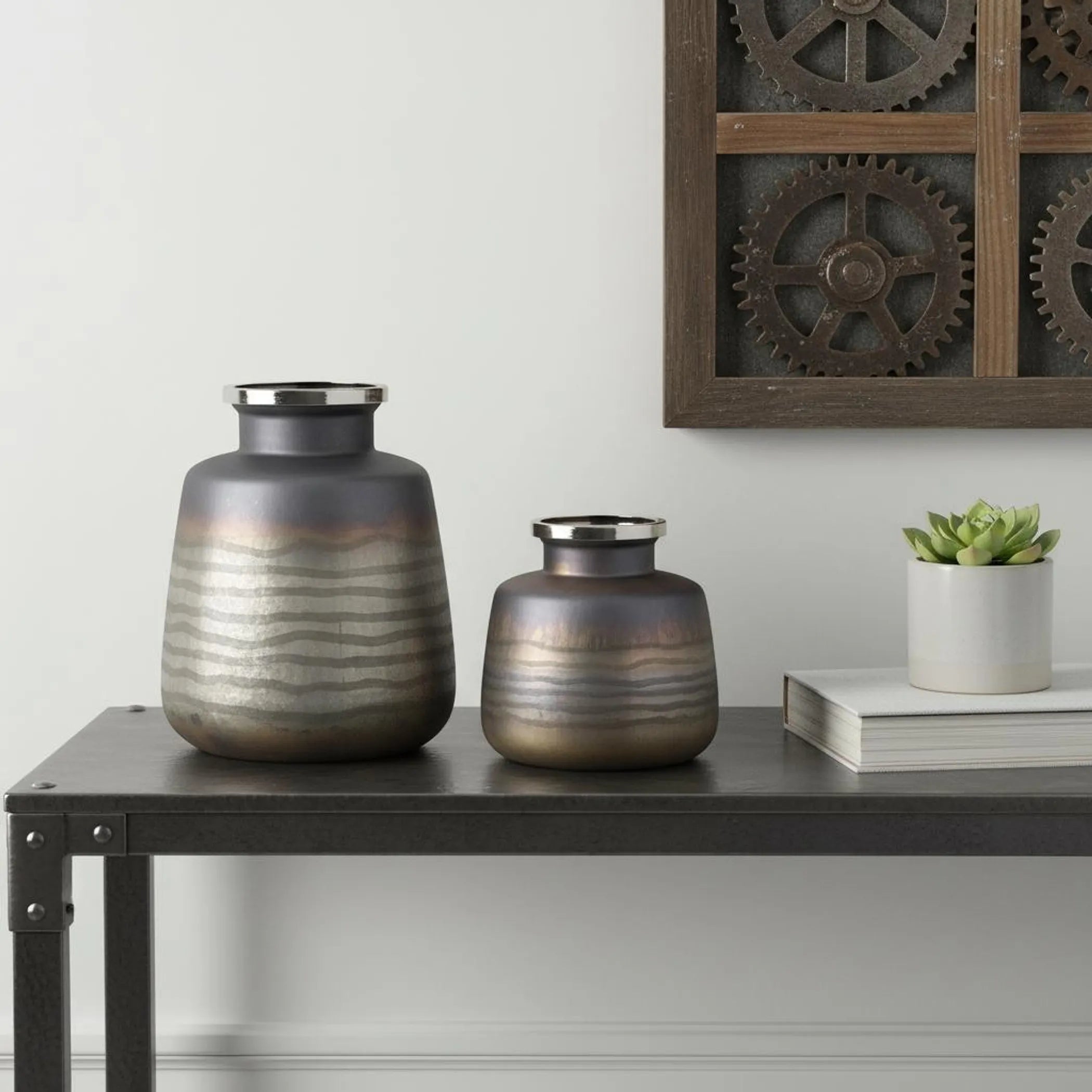 Set of Two And Gray Abstract Glass Round Table Vases