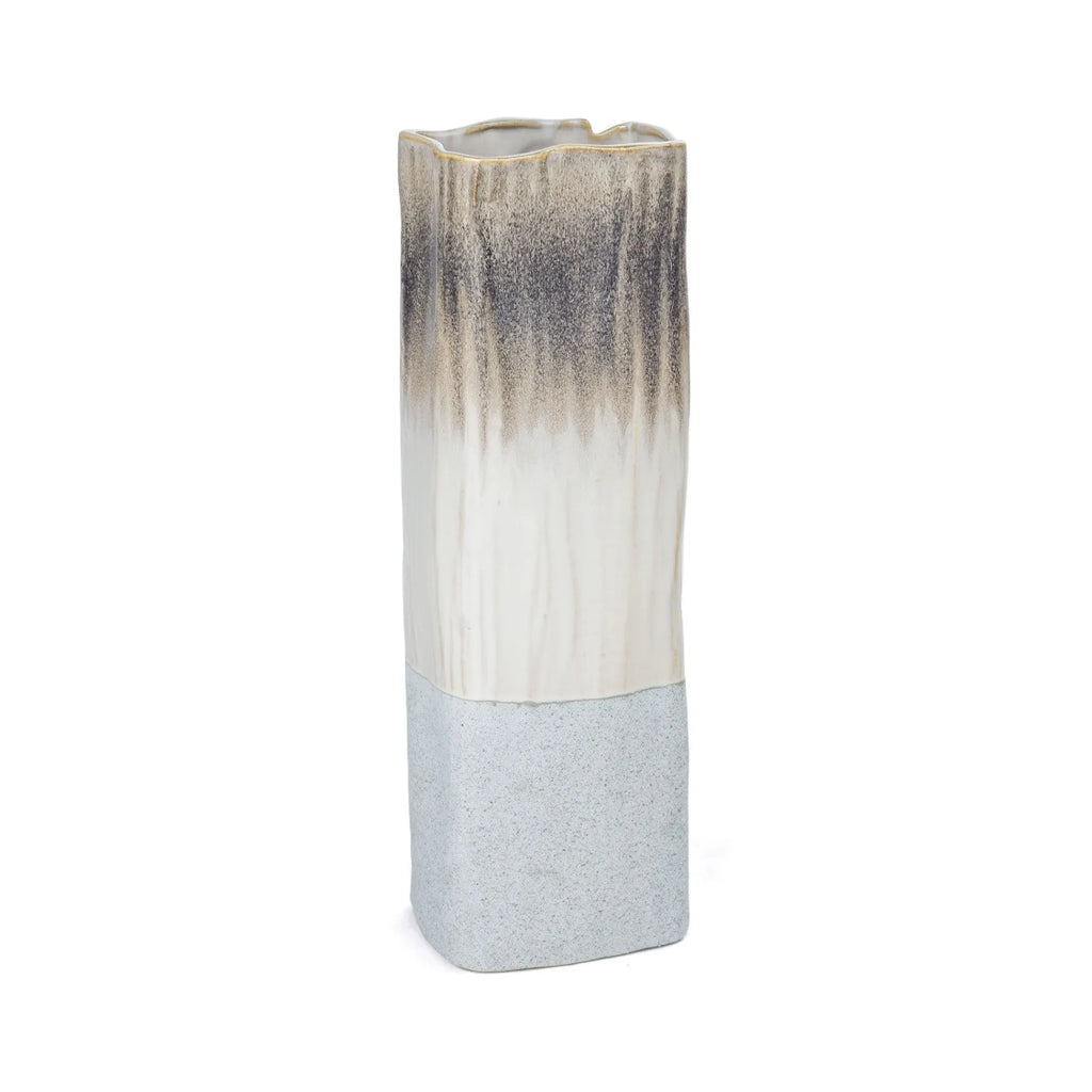 16" Brown Light Blue And Off White Color Block Square Ceramic Table Vase