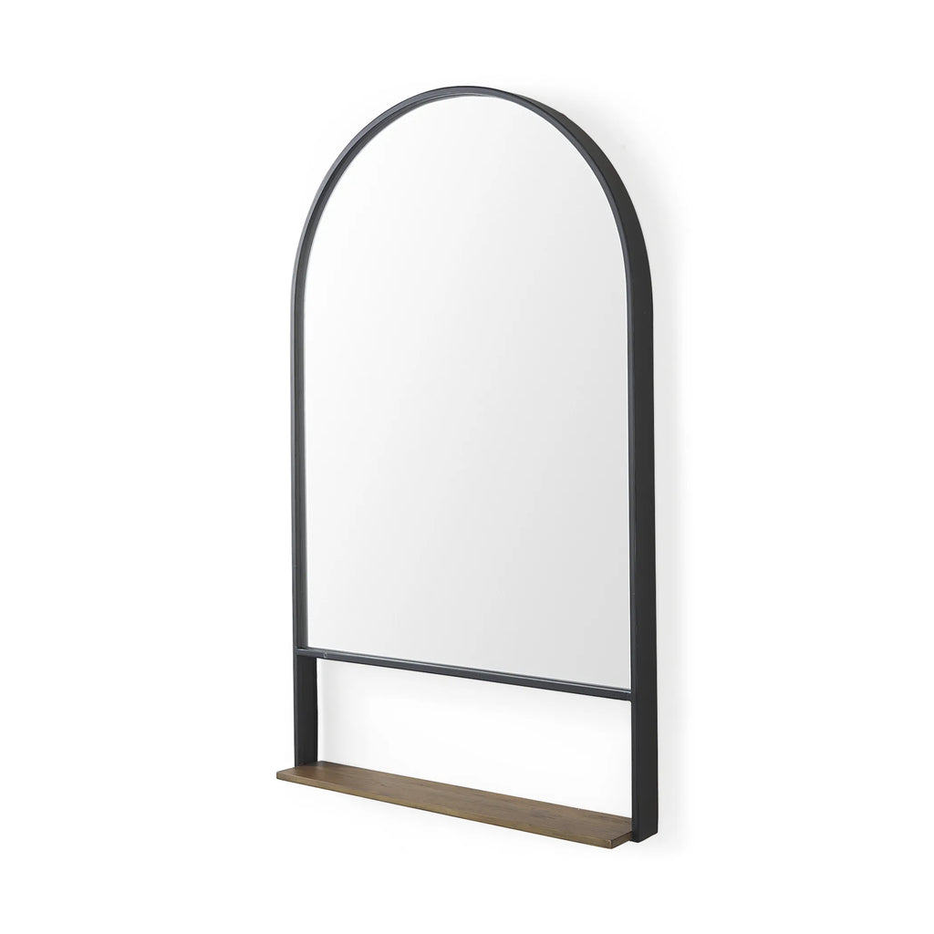 Metal Arch Framed Accent Mirror With Shelf