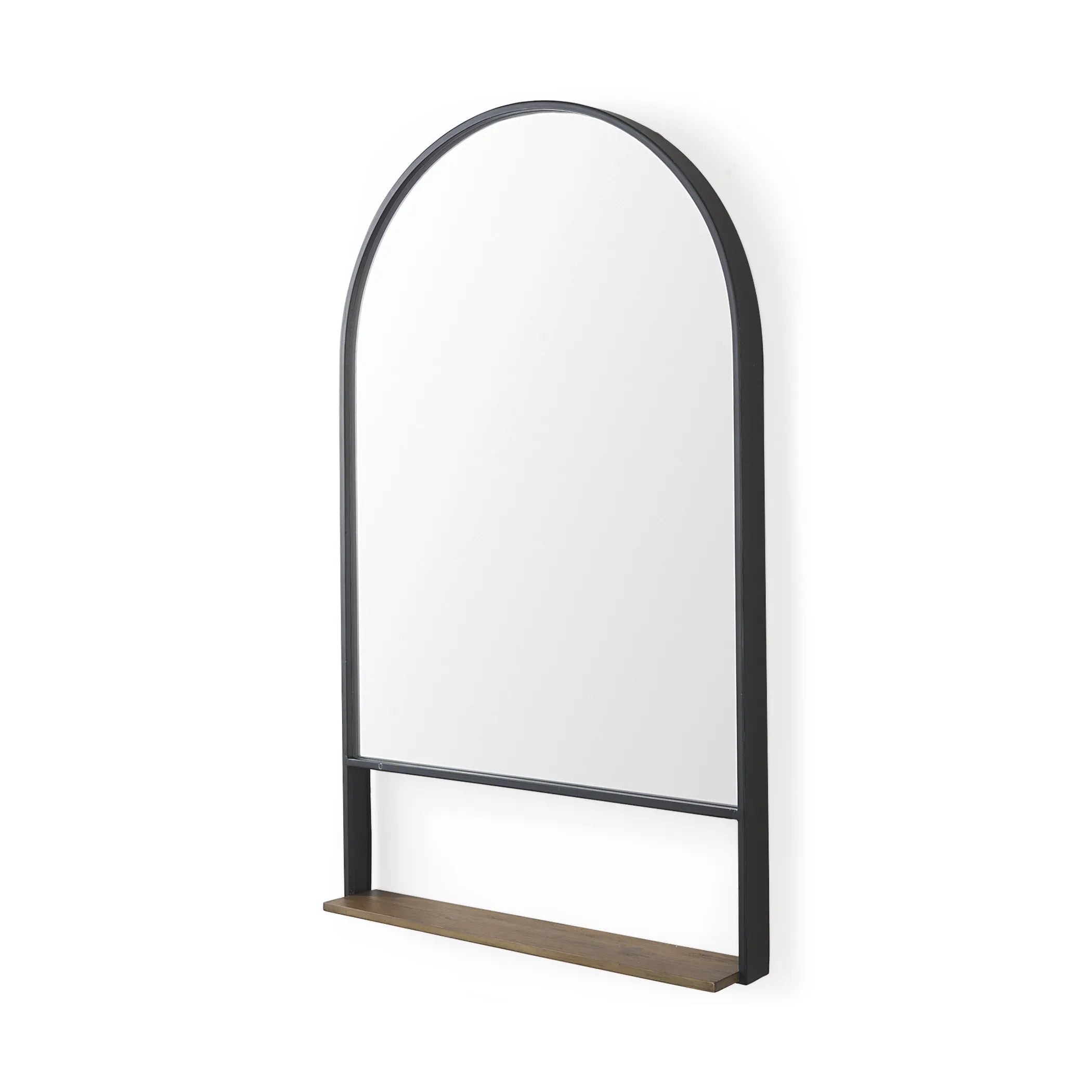 Metal Arch Framed Accent Mirror With Shelf