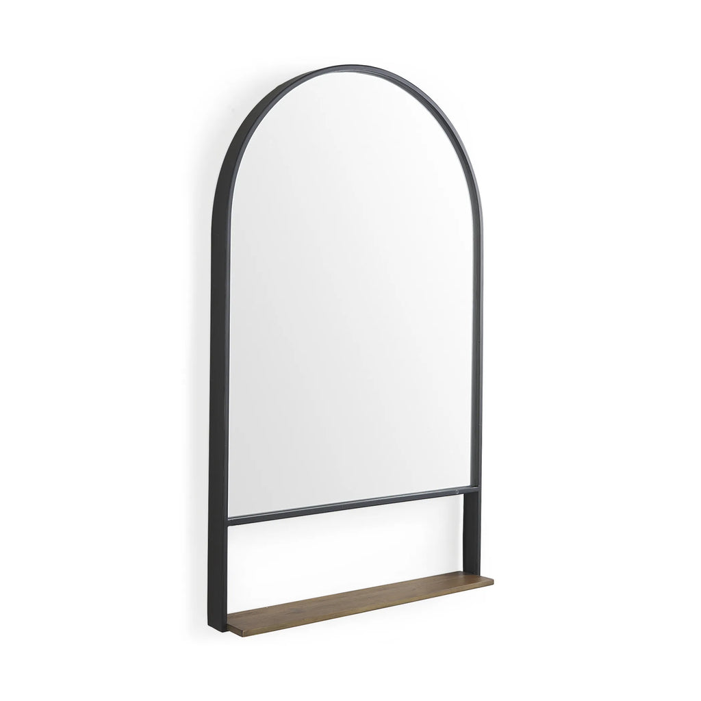Metal Arch Framed Accent Mirror With Shelf