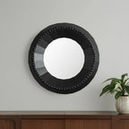 Wood Faceted Beaded Round Framed Accent Mirror