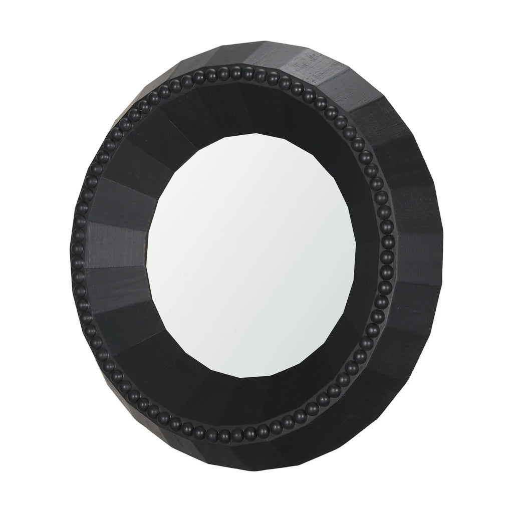 Wood Faceted Beaded Round Framed Accent Mirror