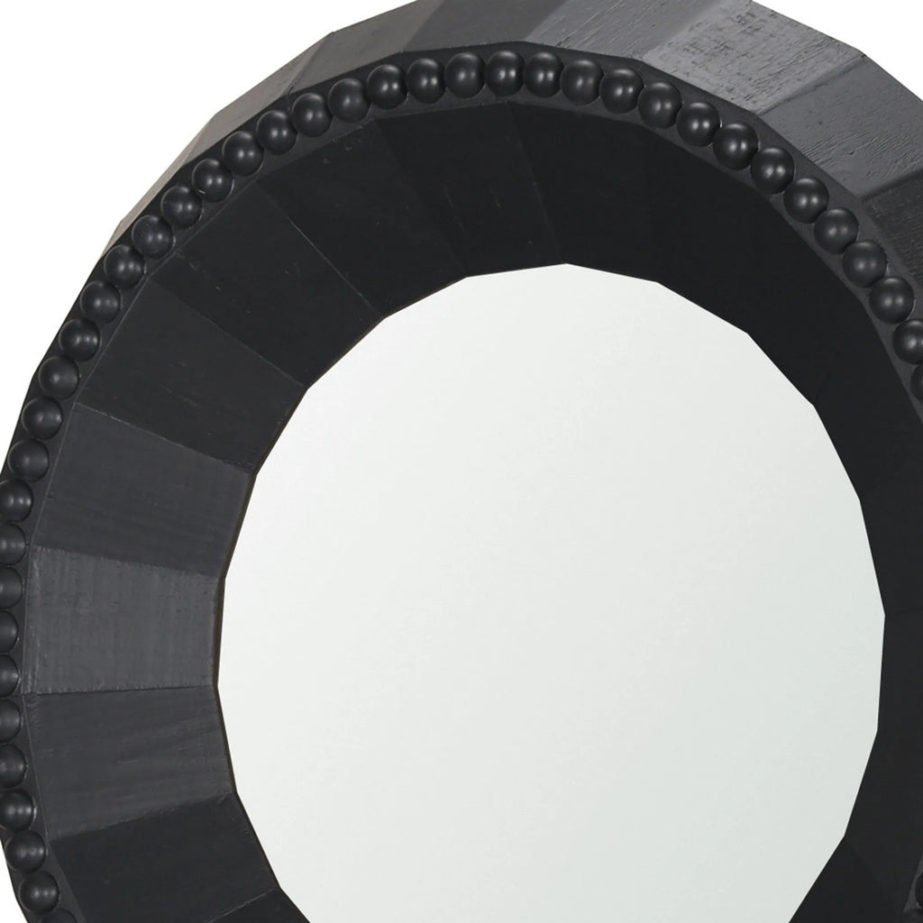 Wood Faceted Beaded Round Framed Accent Mirror