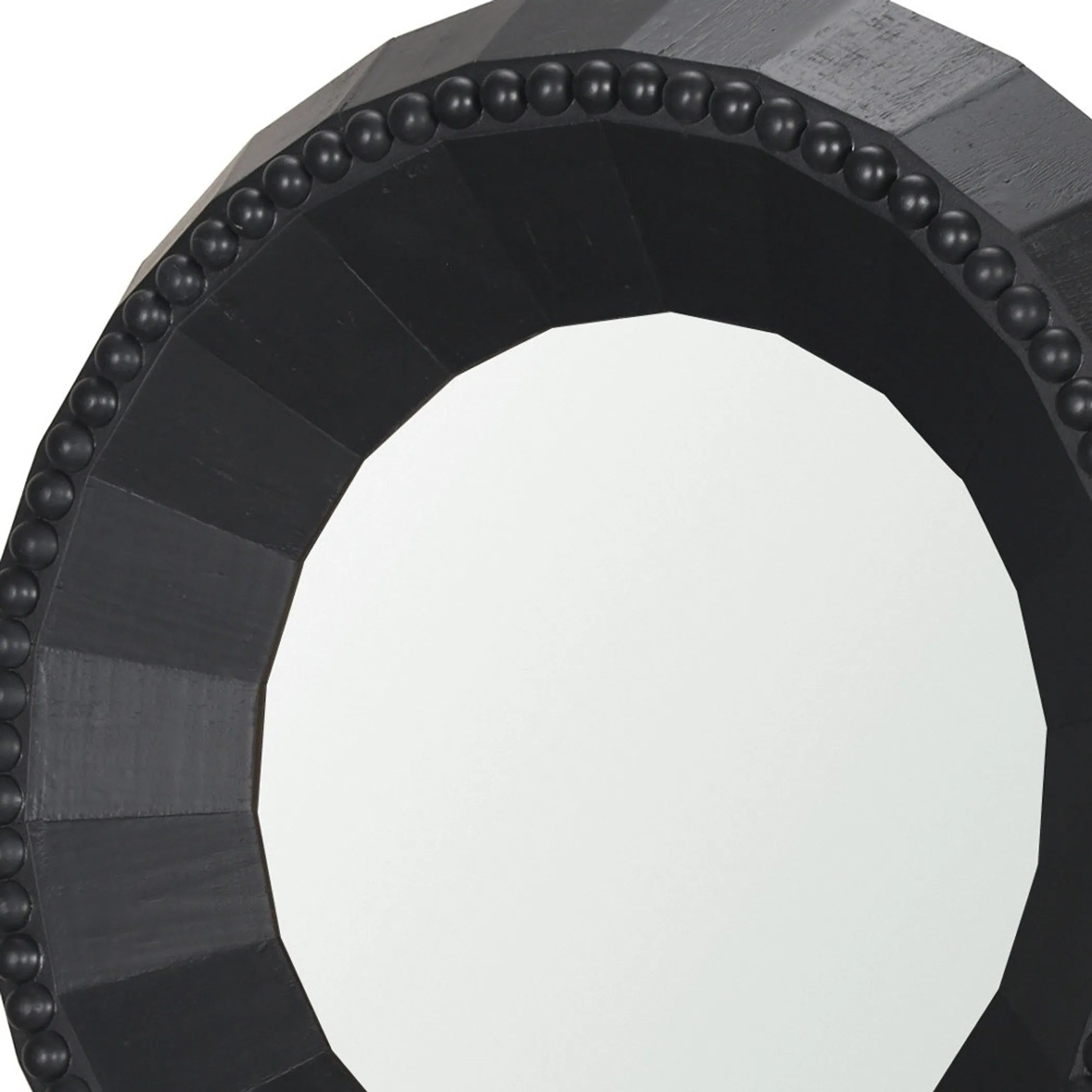 Wood Faceted Beaded Round Framed Accent Mirror