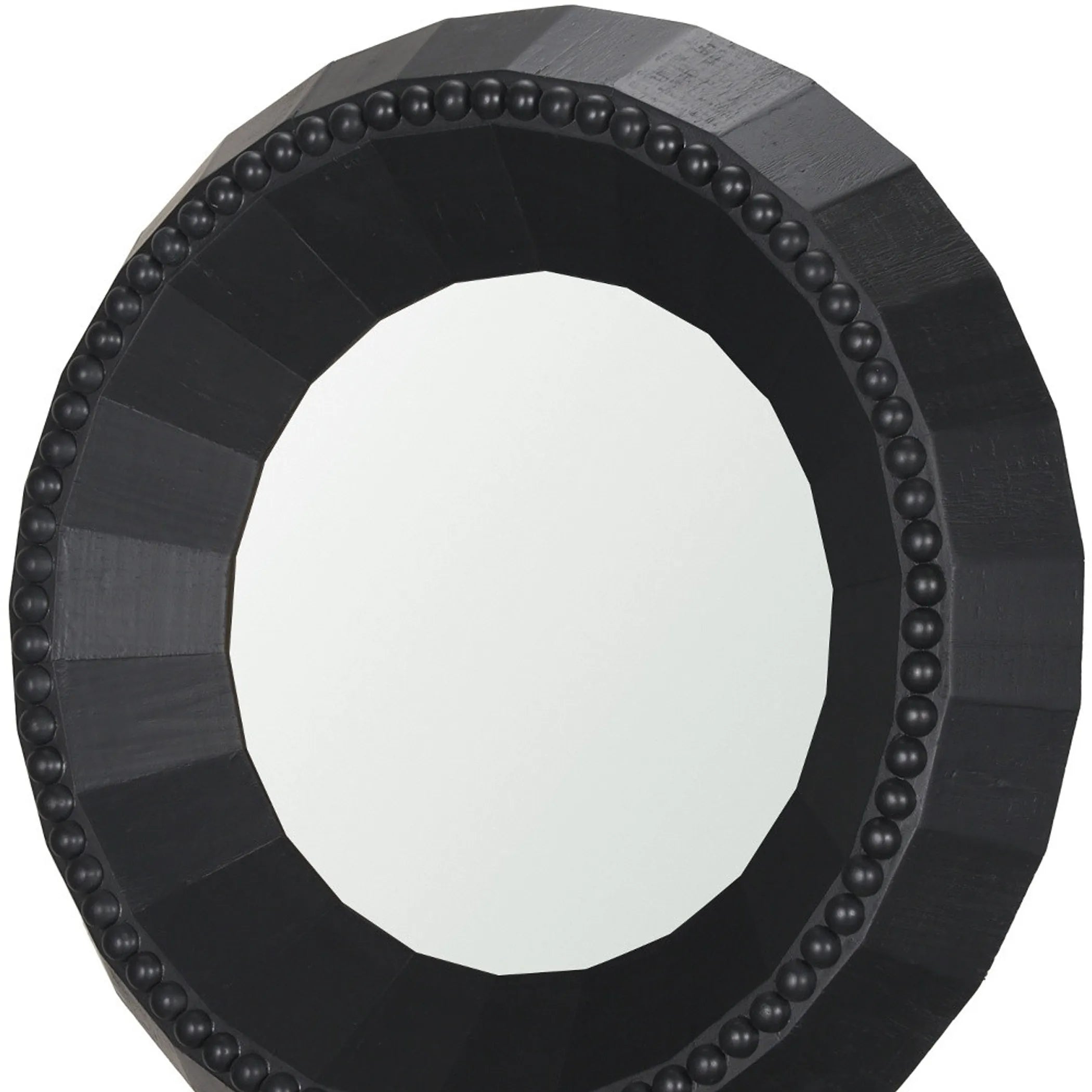 Wood Faceted Beaded Round Framed Accent Mirror
