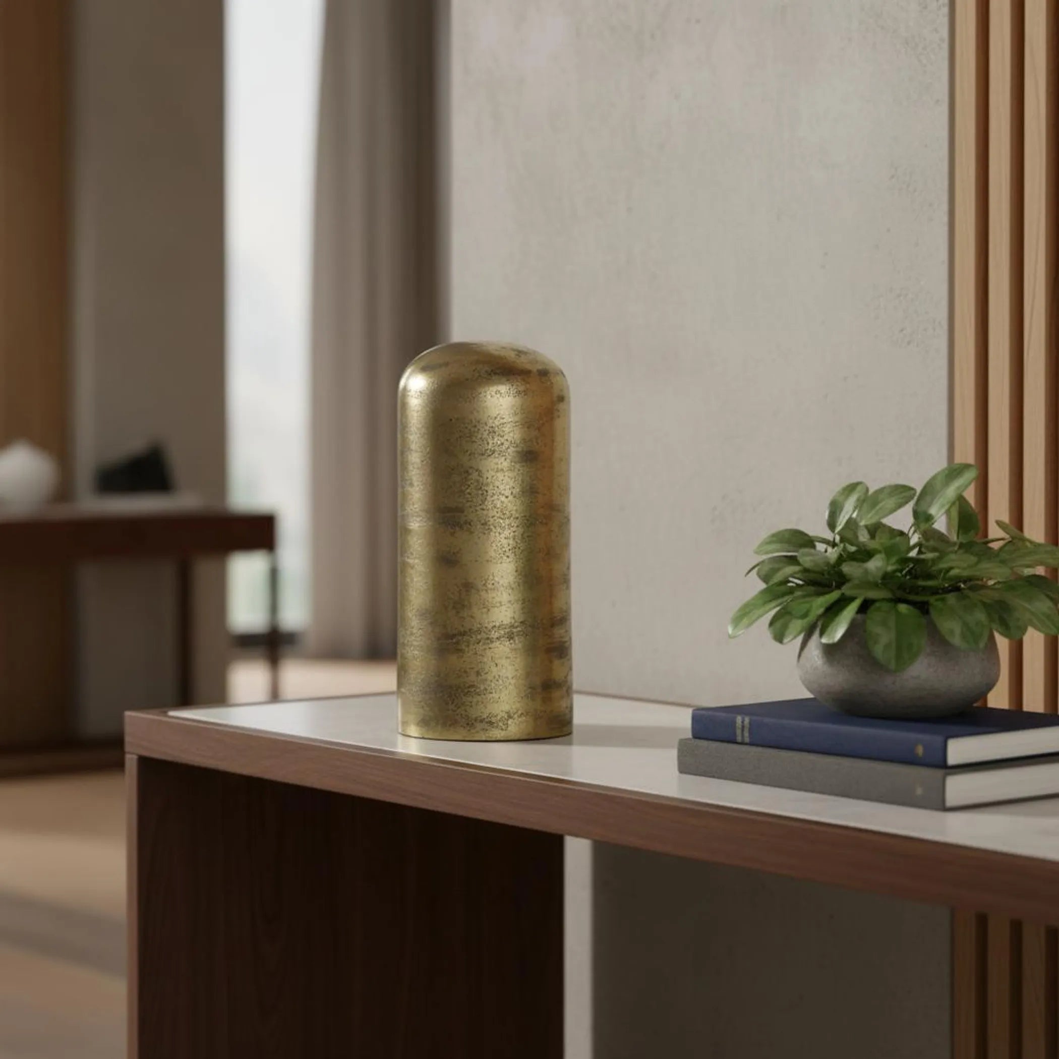 Antiqued Brass Cast Aluminum Cylindrical Tabletop Sculpture