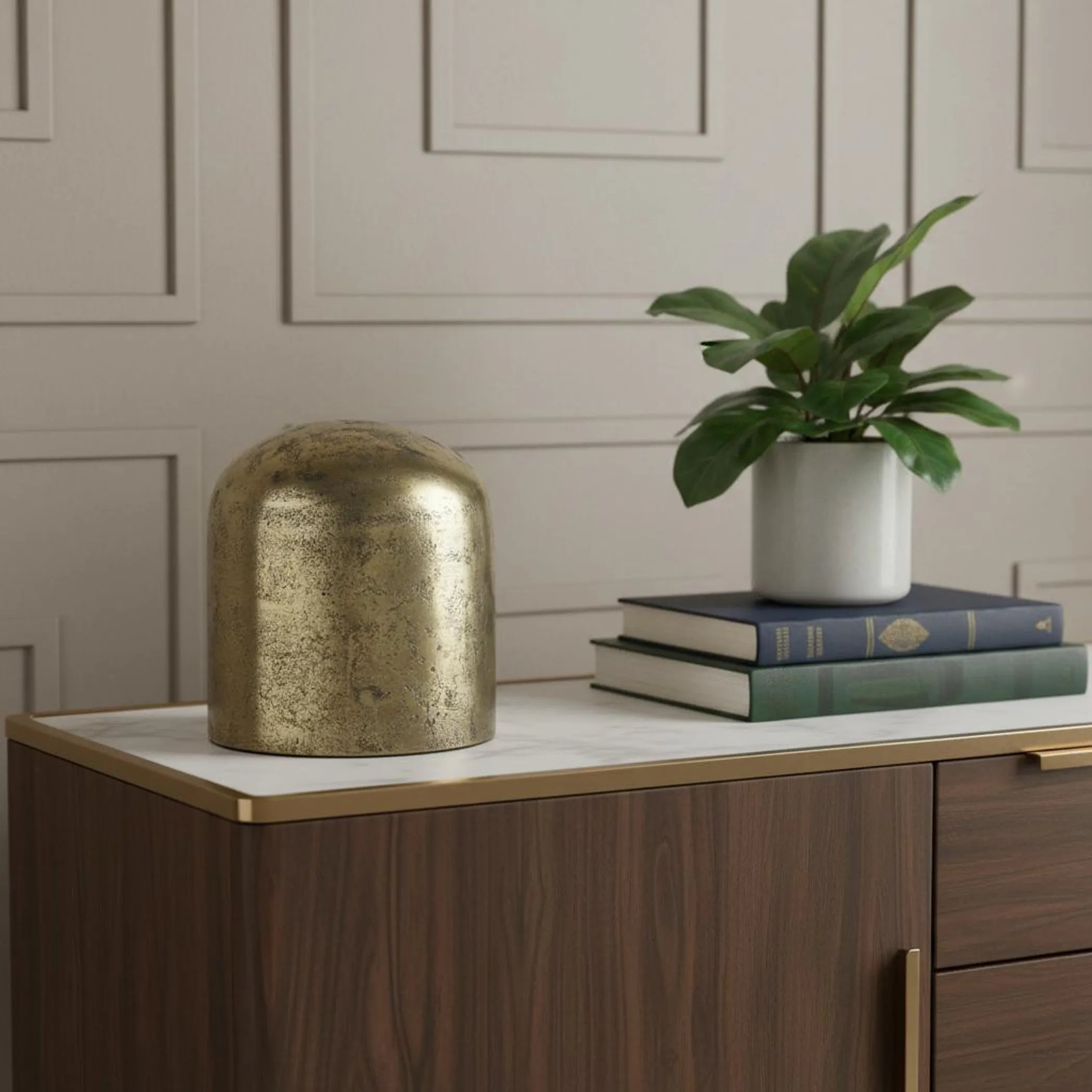 Antiqued Brass Cast Aluminum Cylindrical Tabletop Sculpture