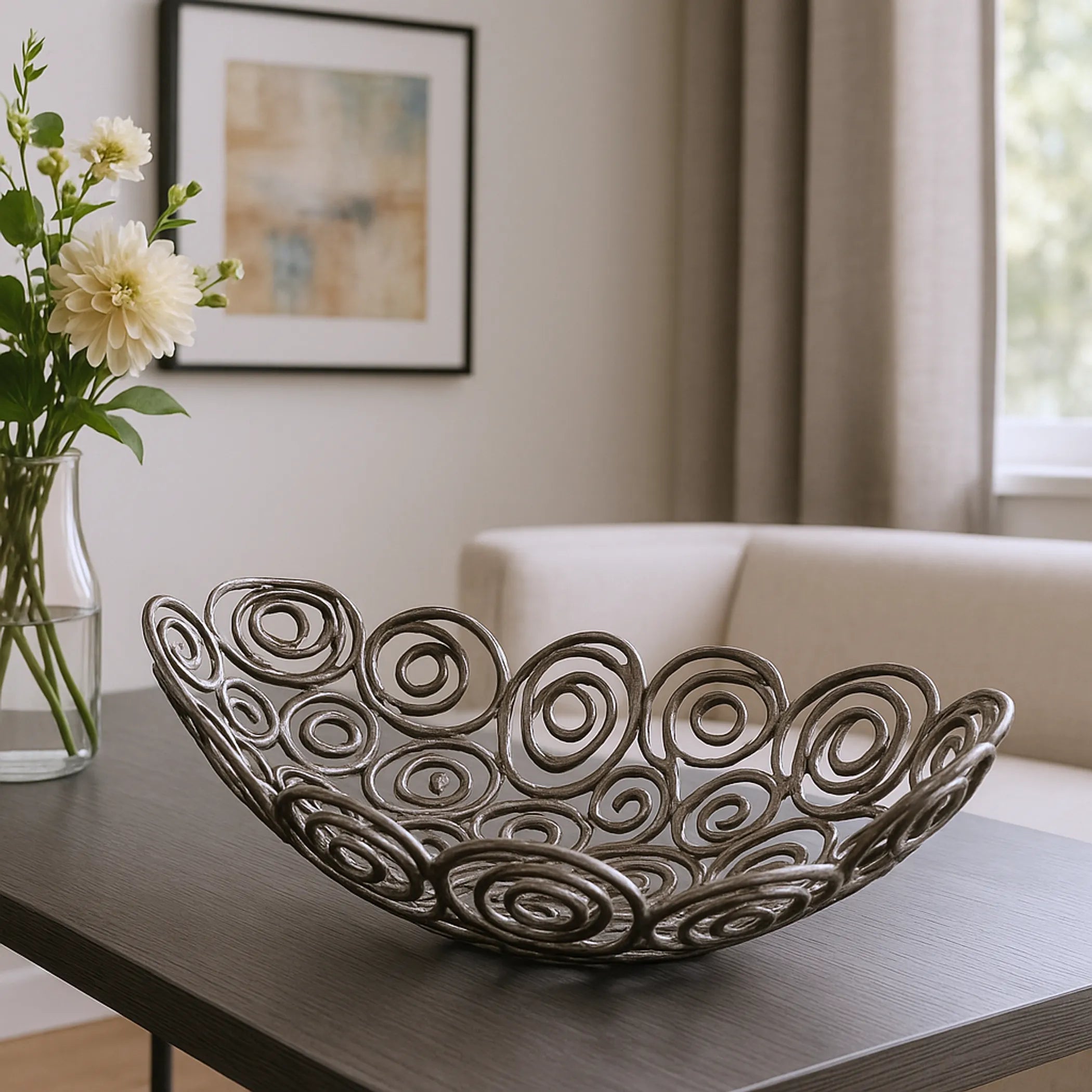 20" Silver Aluminum Abstract Circles Oval Decorative Bowl