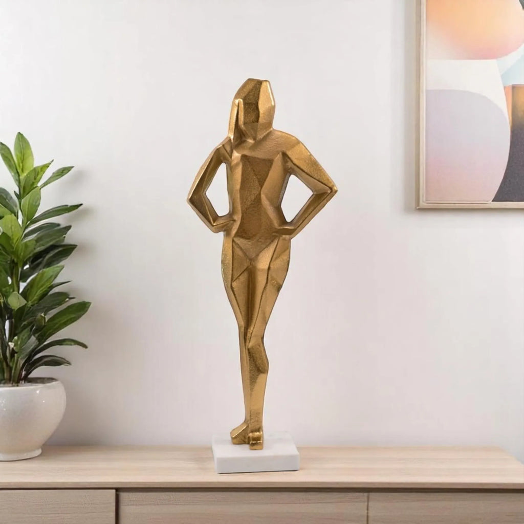 24" Gold And White Aluminum And Marble Woman Tabletop Sculpture