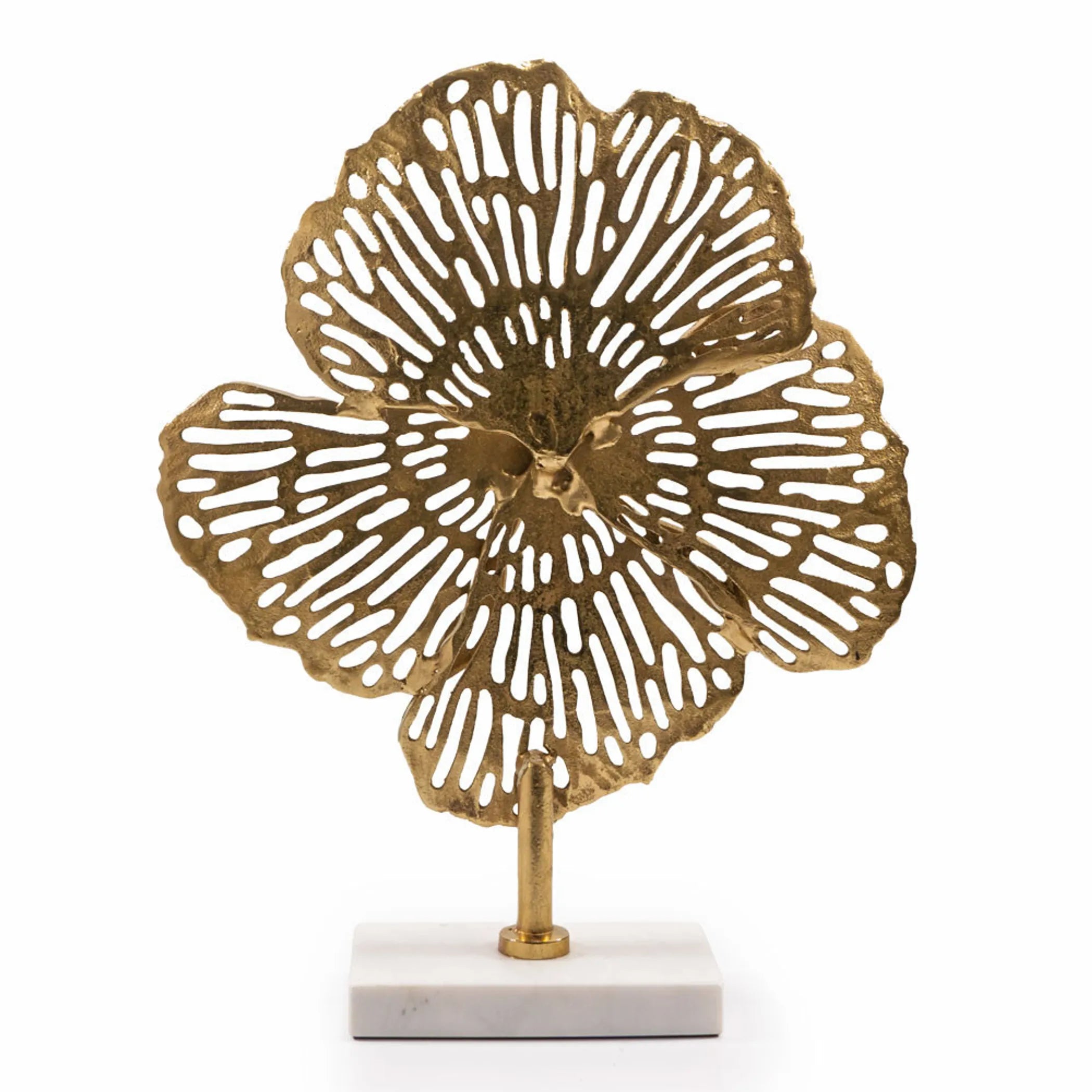 18" Antiqued Gold And White Aluminum And Marble Flowers Abstract Tabletop Sculpture