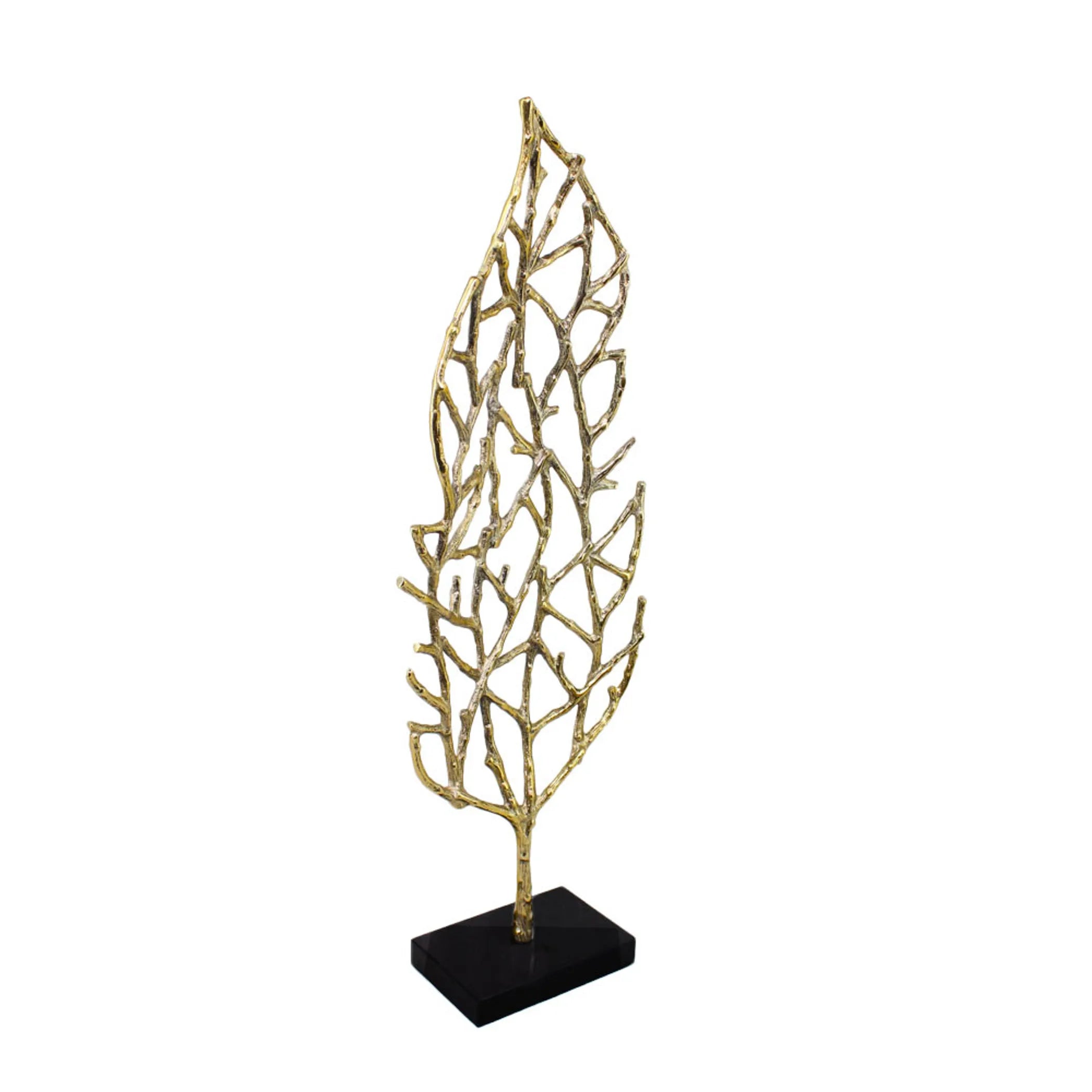 26" Gold And Black Aluminum And Marble Leaf Tabletop Sculpture