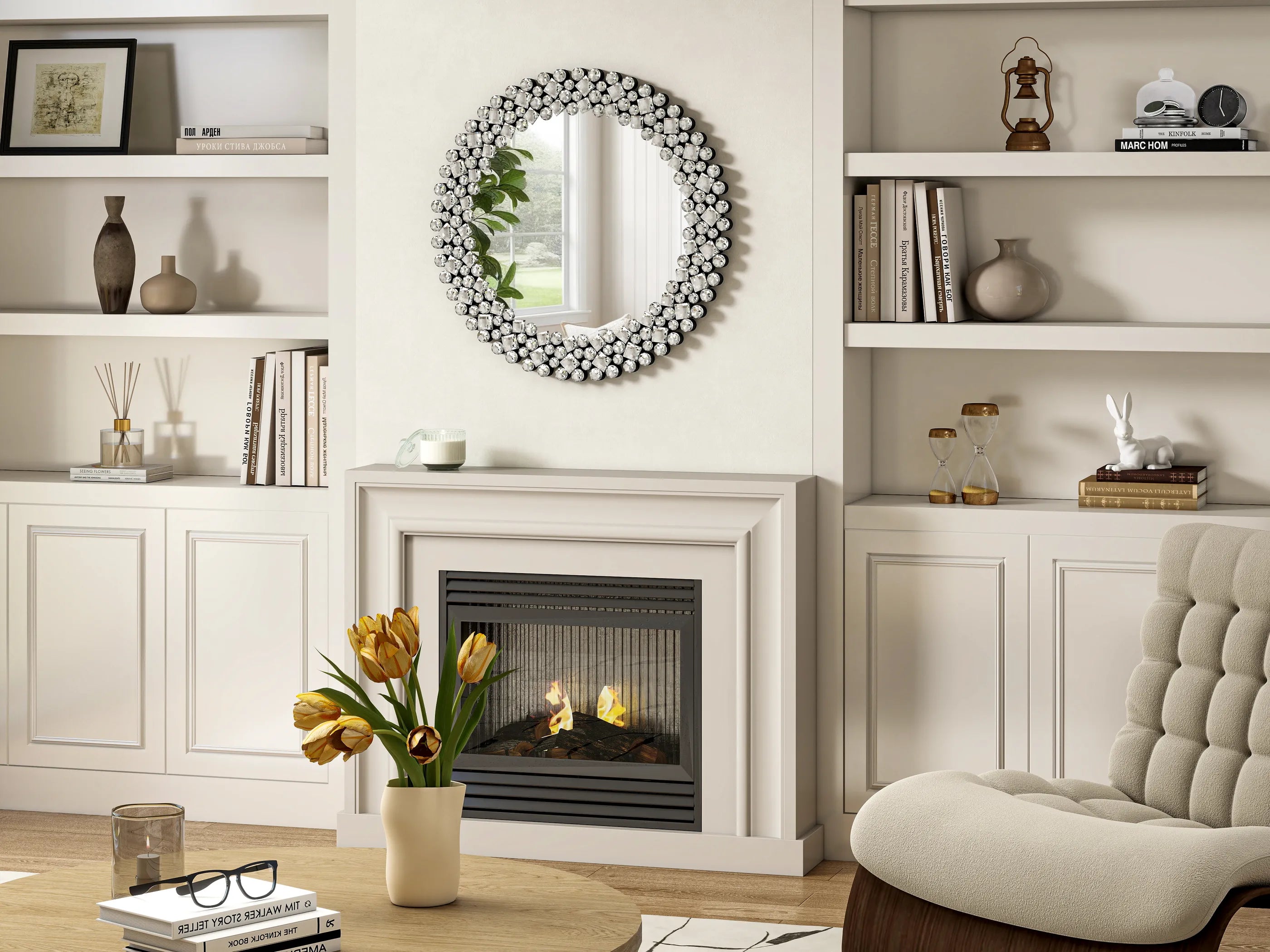 Round Faux Crystal Bling Framed Accent Mirror