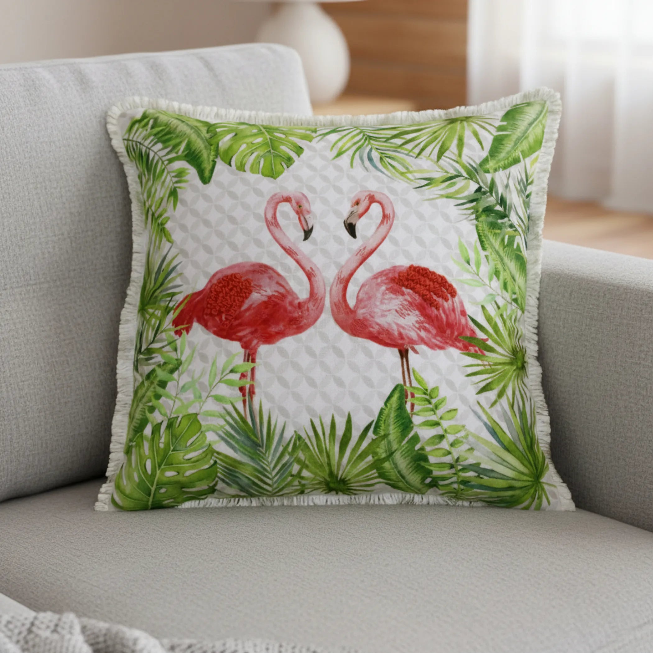 Off Flamingo Throw Pillow Cover with Fringe