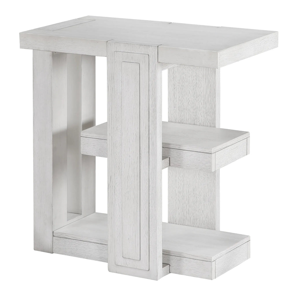 Sunset Trading Dover Chairside 14" Slim Rectangular Side End Table with Storage Shelves | Cerused White Oak Wood