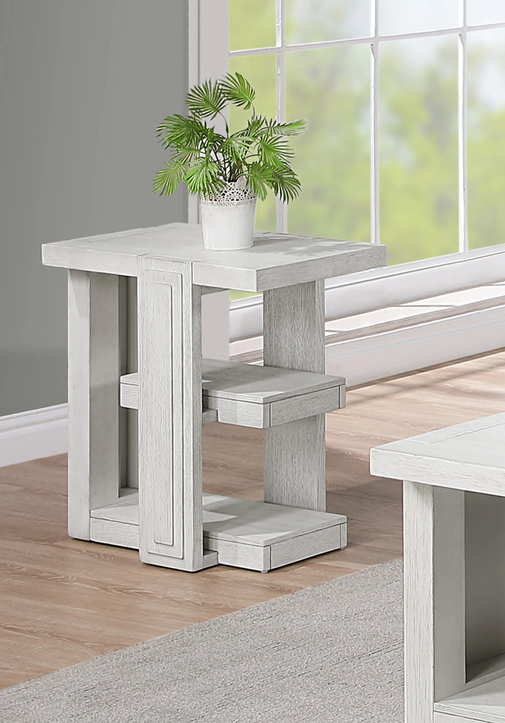 Sunset Trading Dover Chairside 14" Slim Rectangular Side End Table with Storage Shelves | Cerused White Oak Wood