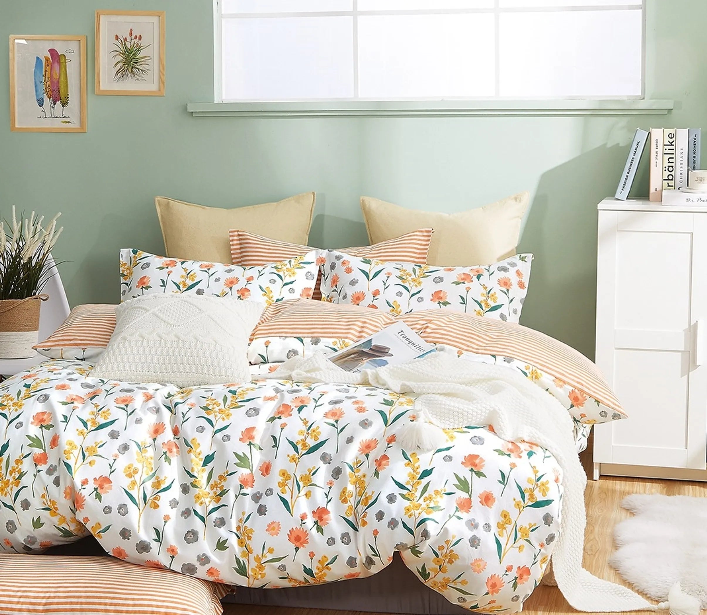 Estella Orange Floral 100% Cotton Reversible Comforter Set